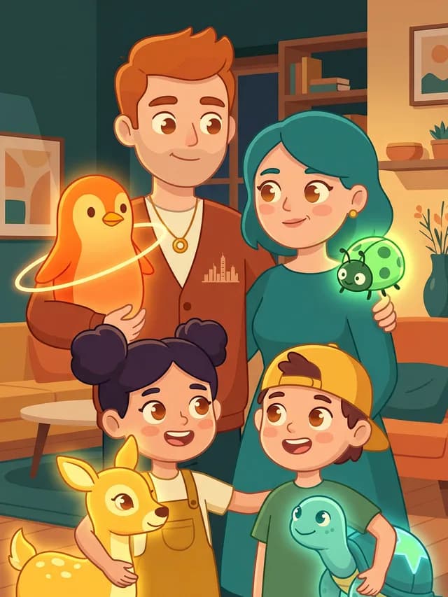 The family in the Spark era — Leonas, Xenia, Amy and Sam with their Light Companions, living with AI now