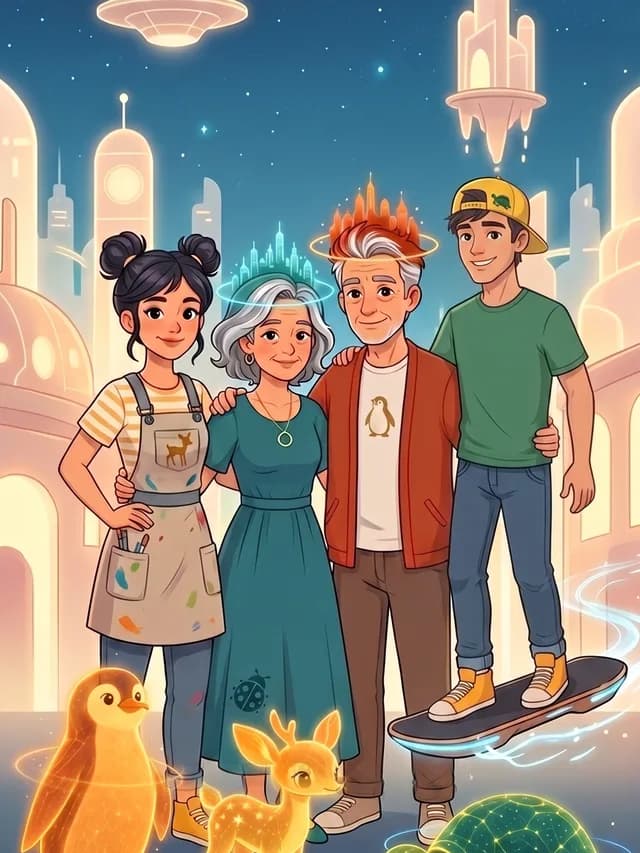The family in the Aurora era — the parents greyed and the children grown, soon, the human after AI