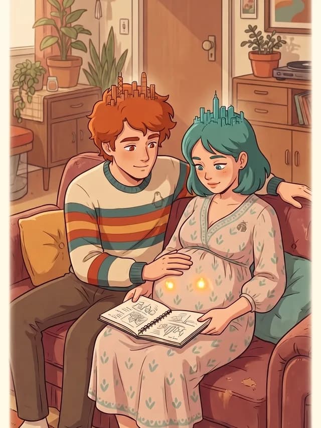 The family in the Ember era — a young Leonas and Xenia, before the children, in the world before AI